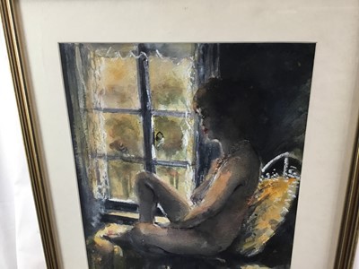 Lot 92 - Norman Rolfe - watercolour of a grand country house interior, together with a watercolour by Kate Davie of a female nude, frames both damaged (2)