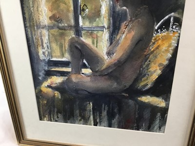 Lot 92 - Norman Rolfe - watercolour of a grand country house interior, together with a watercolour by Kate Davie of a female nude, frames both damaged (2)