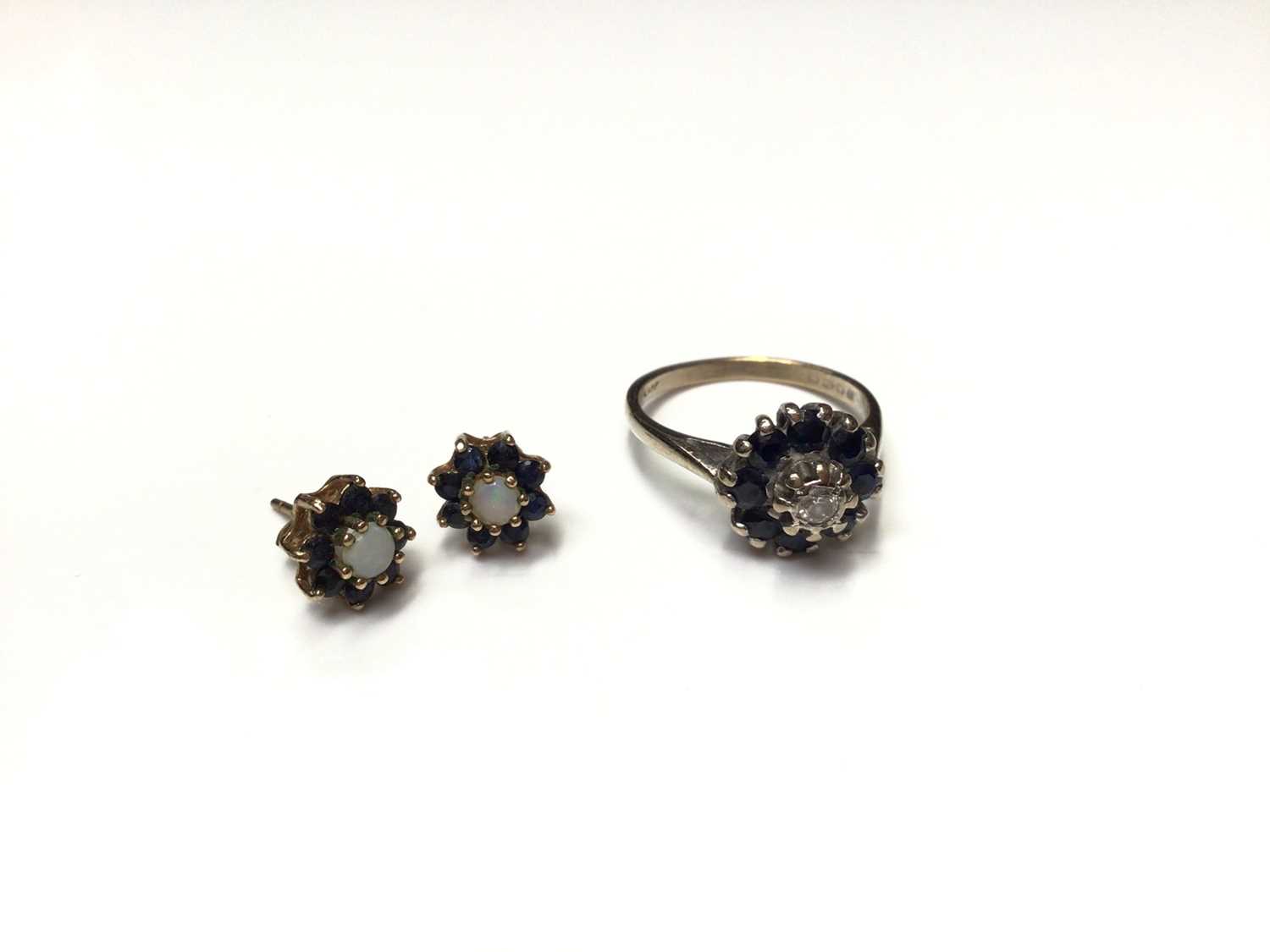 Lot 88 - 18ct white gold sapphire and diamond flower head cluster ring and pair 9ct gold sapphire and opal cluster earrings