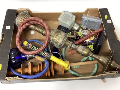 Lot 2429 - Two boxes of smoking pipes, including porcelain, wooden, and hookah