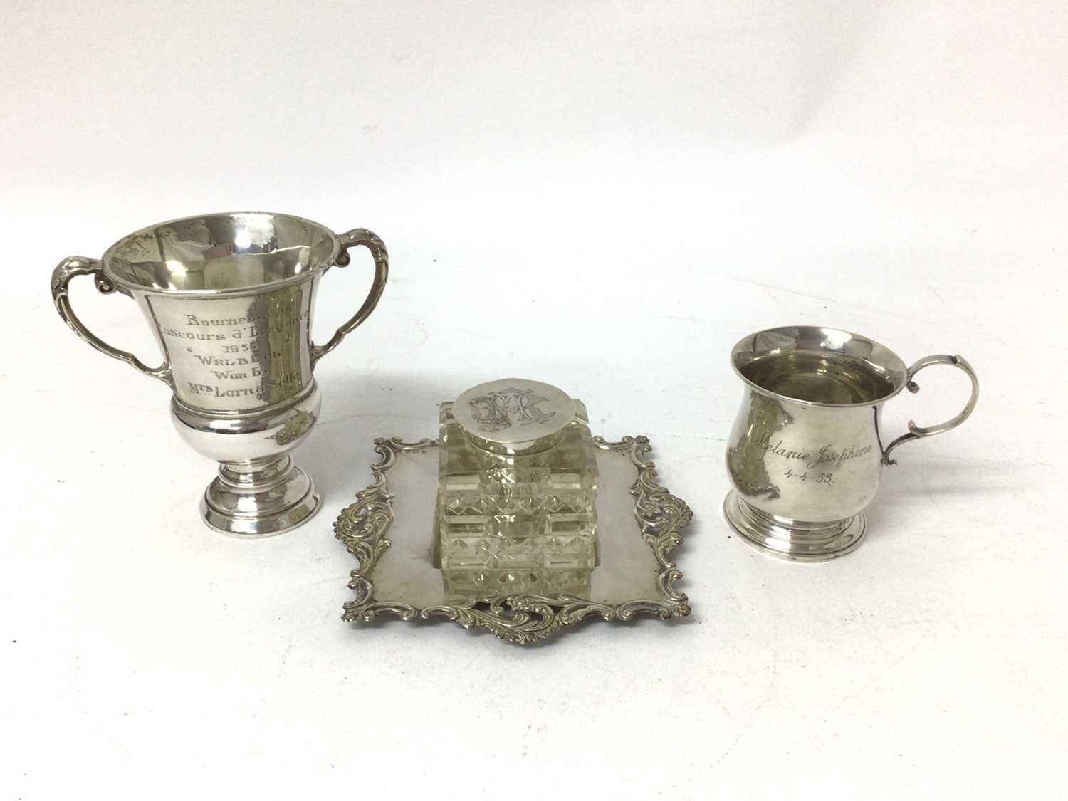 Lot 93 - Edwardian silver mounted glass inkwell on stand, silver trophy and silver cup