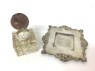 Lot 93 - Edwardian silver mounted glass inkwell on stand, silver trophy and silver cup