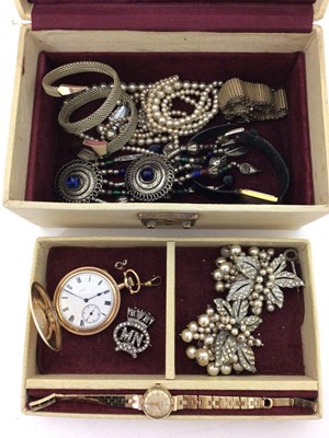 Lot 96 - Vintage jewellery box containing Rotary 9ct gold wristwatch, Elgin gold plated full hunter pocket watch and other costume jewellery