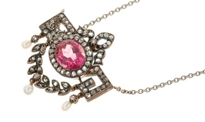 Lot 450 - Edwardian Belle Époque diamond and gem-set pendant necklace in platinum and gold setting on platinum trace chain
