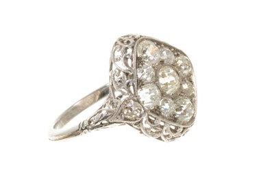 Lot 454 - Art Deco diamond cluster ring with a marquise shaped cluster of old cut diamonds in platinum setting with finely pierced gallery and shoulders on platinum shank
