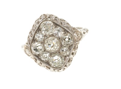 Lot 454 - Art Deco diamond cluster ring with a marquise shaped cluster of old cut diamonds in platinum setting with finely pierced gallery and shoulders on platinum shank