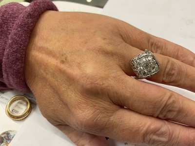 Lot 454 - Art Deco diamond cluster ring with a marquise shaped cluster of old cut diamonds in platinum setting with finely pierced gallery and shoulders on platinum shank