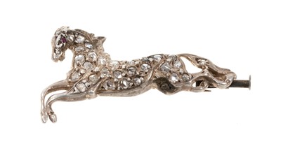 Lot 813 - Victorian style diamond novelty brooch in the form of a horse with pavé set rose cut diamonds in silver and gold setting.