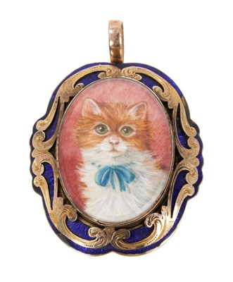 Lot 725 - Unusual yellow metal and enamel pendant containing a portrait miniature of a cat