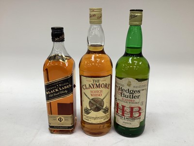 Lot 2436 - Six bottles of wine and spirits, including Claymore scotch, Tanqueray gin, Martell cognac, Hedges & Butler scotch, Johnnie Walker scotch, and Mercier champagne