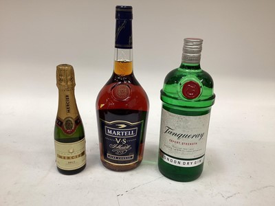 Lot 2436 - Six bottles of wine and spirits, including Claymore scotch, Tanqueray gin, Martell cognac, Hedges & Butler scotch, Johnnie Walker scotch, and Mercier champagne