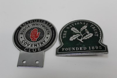 Lot 2013 - Vintage chrome and enamel National Trust car badge, together with a Rudge - Whitworth enthusiasts club chrome and enamel car badge (2).