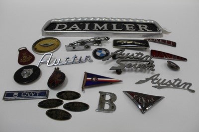 Lot 2015 - Collection of 1950s and later car badges to include Jowett Javelin, Jaguar and others, together with a Daimler commercial vehicle badge.