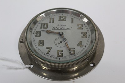 Lot 2022 - 1930s 'Stadium' car clock with Swiss 8 day movement, silvered dial with luminous painted hands and hour markers.