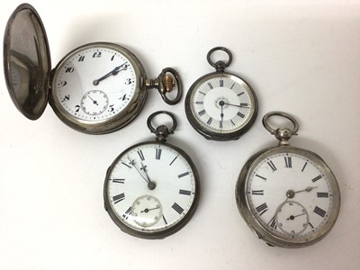 Lot 107 - Victorian silver cased pocket watch, Victorian silver cased fob watch, one other silver pocket watch and a silver full hunter (4)