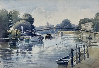 Lot 106 - Albert Houghton watercolour - Footbridge to Eel-Pie Island, Twickenham, signed, 27cm x 38cm, in glazed frame 
Exhibited: The Wapping Group of Artists