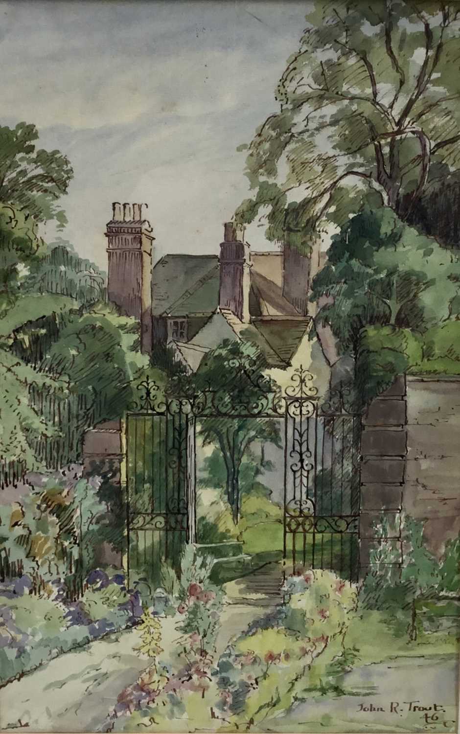 Lot 108 - John R. Trout, watercolour - The Garden, Wentworth House, Braintree, signed and dated '46, 46cm x 29cm, in glazed gilt frame