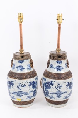 Lot 818 - Pair Chinese crackle ware vase lamps