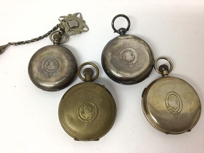 Lot 108 - Four pocket watches to include The Midlands Lever in silver case, H. White of Manchester in silver case, Tell Chronograph in white metal case and Superior Railway Timekeeper