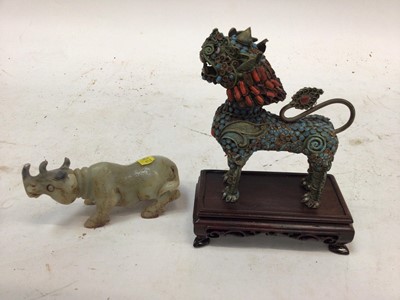 Lot 2519 - Chinese turquoise inlaid dog figure on stand and jadeite rhino