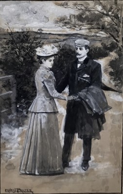 Lot 131 - Ernest Prater (1864-1950) watercolour / body colour on paper - a parting couple, signed lower right, framed and glazed