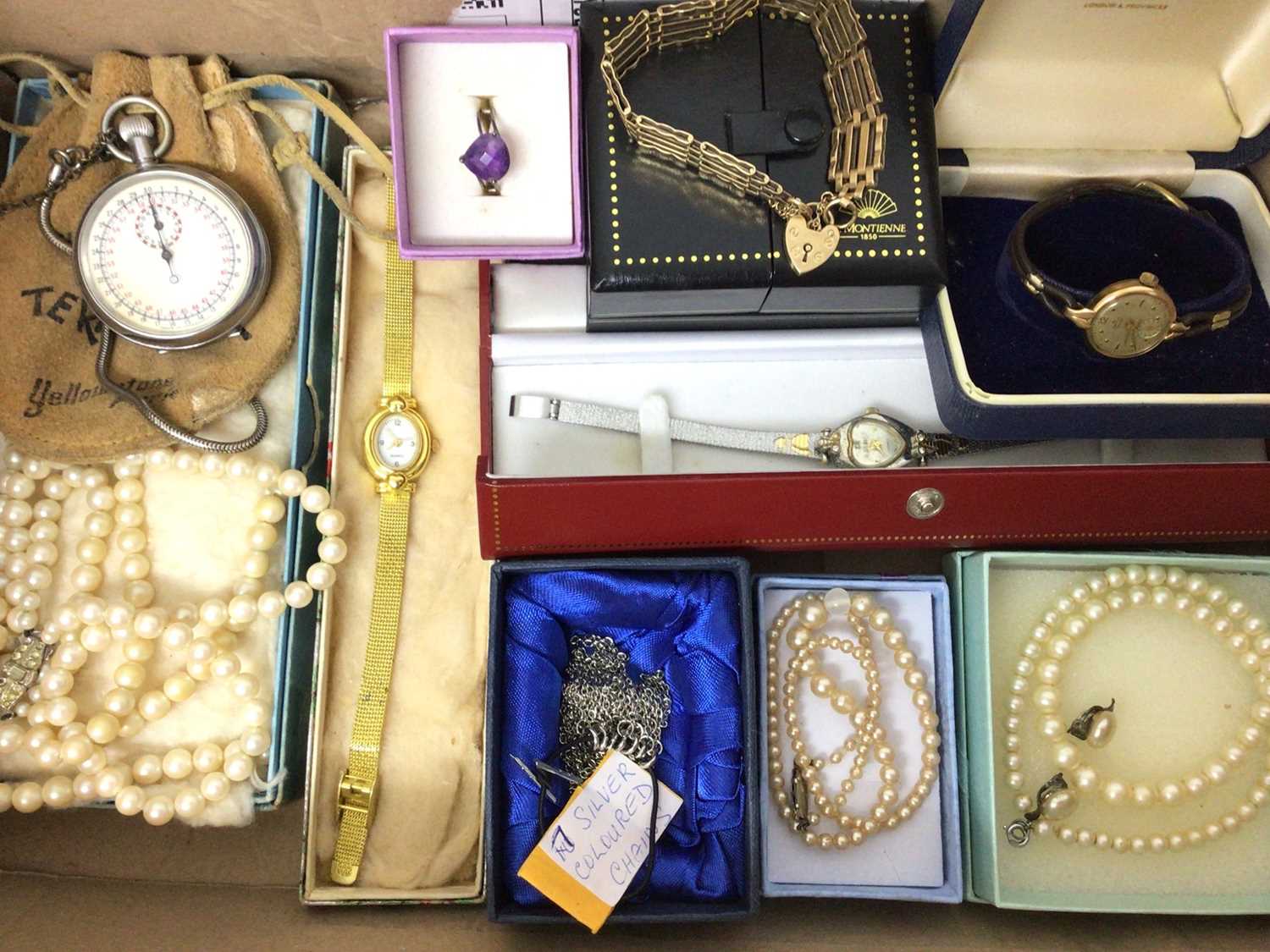 Lot 144 - 9ct gold gate bracelet, ladies vintage Smiths 9ct gold cased wristwatch, other watches and costume jewellery