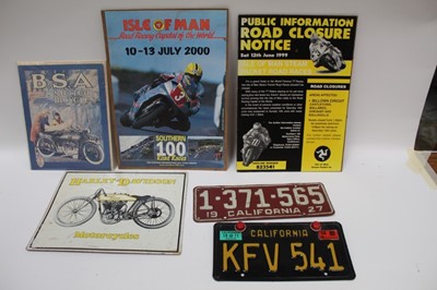 Lot 2032 - Group of motoring related reproduction metal signs to include Harley Davidson, together with jigsaw puzzles (assembled) and others (1 box).