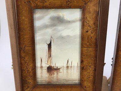 Lot 184 - R. Cavallos, 20th century, pair of oils on board - shipping at anchor, signed, 19cm x 11cm, in maple veneered frames
