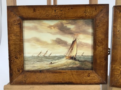Lot 185 - R. Cavallos, 20th century, pair of oils on board - shipping at sea, signed, 14cm x 19cm, in maple veneered frames