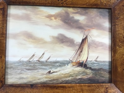 Lot 185 - R. Cavallos, 20th century, pair of oils on board - shipping at sea, signed, 14cm x 19cm, in maple veneered frames