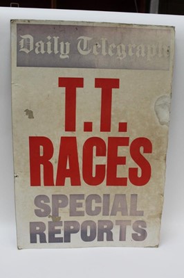 Lot 2036 - Vintage Daily Telegraph T.T. Races Special Reports poster (stuck onto board), a1998 Isle of Man TT poster (stuck onto board), and a reproduction NSU motorcycle poster (stuck onto board) (3)