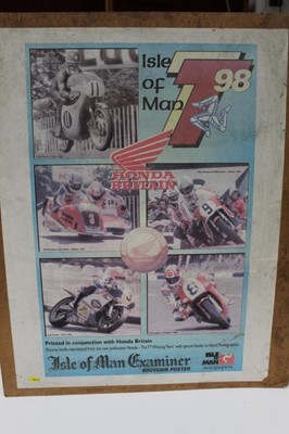Lot 2036 - Vintage Daily Telegraph T.T. Races Special Reports poster (stuck onto board), a1998 Isle of Man TT poster (stuck onto board), and a reproduction NSU motorcycle poster (stuck onto board) (3)