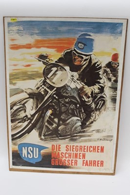 Lot 2036 - Vintage Daily Telegraph T.T. Races Special Reports poster (stuck onto board), a1998 Isle of Man TT poster (stuck onto board), and a reproduction NSU motorcycle poster (stuck onto board) (3)