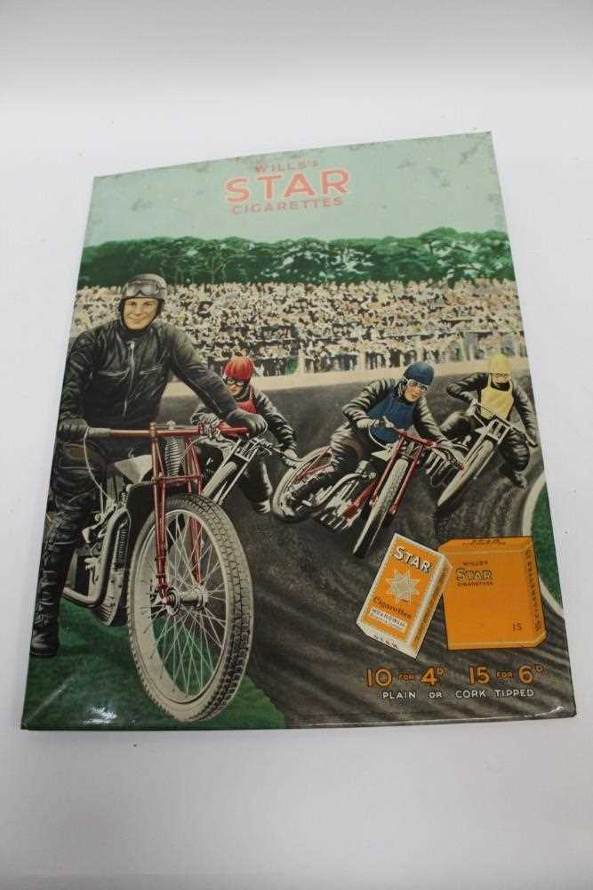 Lot 2038 - Vintage Wills's Star Cigarettes tin advertising sign depicting a Speedway rider, 50.5 x 38cm