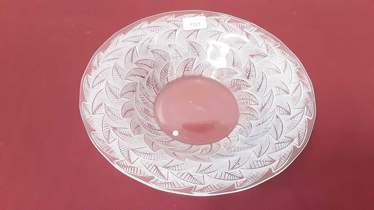 Lot 1121 - Rene Lalique glass bowl with stylised leaf decoration, signed R Lalique, France, 31cm diameter