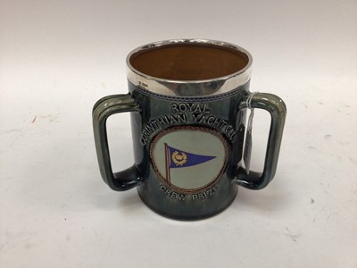 Lot 1127 - Doulton Lambeth stoneware tyg by Eliza Simmance for the Royal Corinthian Yacht Club, with silver rim hallmarked London 1907 by W & G Neal, 15cm high