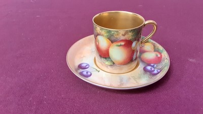 Lot 1131 - Royal Worcester coffee can and saucer with hand painted fruit decoration, signed E Townsend