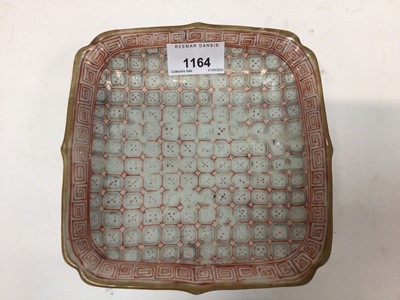 Lot 1164 - 19th century Chinese porcelain footed dish, of square scalloped form, decorated with geometric patterns, mark to base