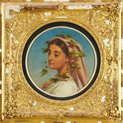 Lot 1188 - Joshua Hargrave Sams Mann (1826 - 1886) oil on artist board - circular portrait of an Italian peasant girl wearing a head scarf and vine leaves, signed and inscribed verso, in gilt frame. Diameter...