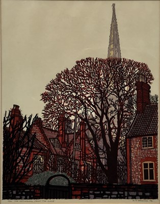 Lot 260 - Henry John Jackson (b.1938) signed limited edition linocut - The Cathedral From The Close, 20/50, dated ‘73, 55cm x 43cm, in glazed frame