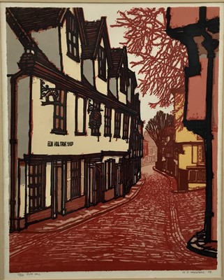 Lot 261 - Henry John Jackson (b.1938) signed limited edition linocut - Elm Hill, 22/50, dated ‘73, 55cm x 44cm, in glazed frame