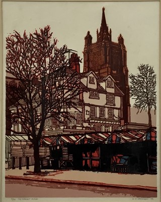 Lot 262 - Henry John Jackson (b.1938) signed limited edition linocut - The Market Place, 21/50, dated ‘73, 55cm x 44cm, in glazed frame