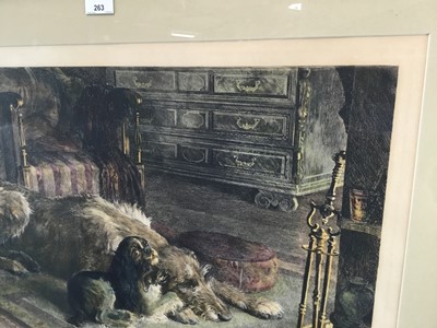 Lot 204 - Herbert Dicksee, hand coloured etching - Fire Worshipers, 49cm x 71cm, in glazed frame