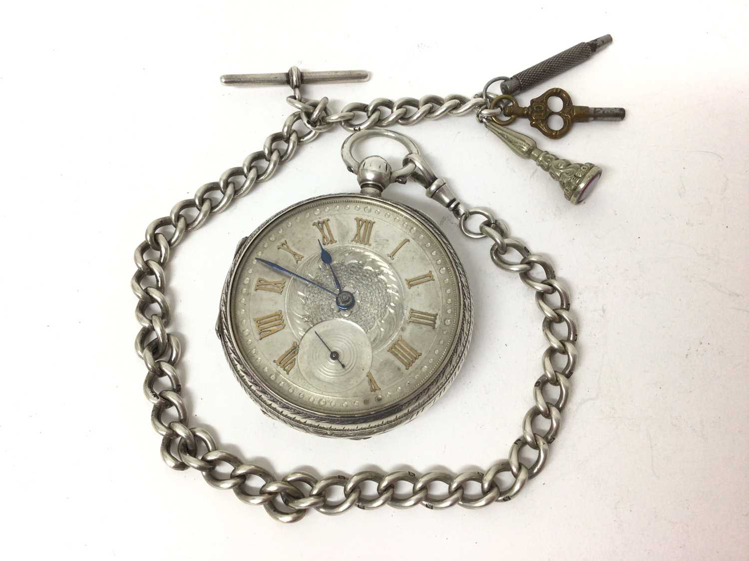 Lot 154 - Edwardian silver cased pocket watch on silver watch chain with fobs