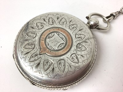Lot 154 - Edwardian silver cased pocket watch on silver watch chain with fobs