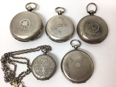 Lot 155 - Four Victorian and later silver cased pocket watches and one silver cased fob watch on silver chain