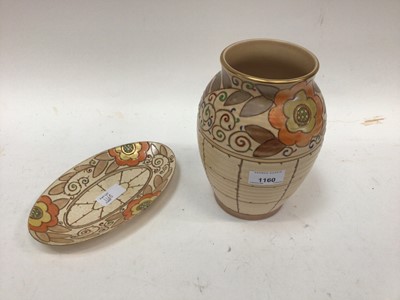 Lot 1160 - Charlotte Rhead Bursley Ware vase decorated in the Trellis pattern, 20.5cm high, together with a matching oval dish (2)