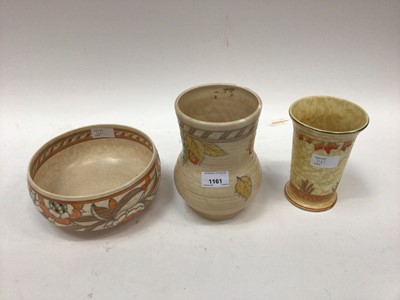 Lot 1161 - Three pieces of Charlotte Rhead Crown Ducal comprising two vases, 18cm and 15cm high and a bowl, 18cm diameter