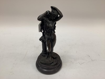 Lot 2457 - Art Nouveau style bronzed figure of a woman standing next to a column, on a circular stone base, signed Angelo, 31cm higih