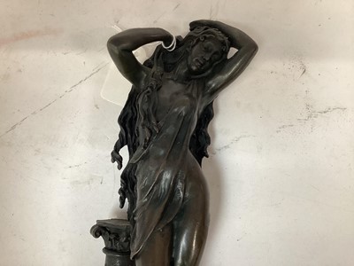 Lot 2457 - Art Nouveau style bronzed figure of a woman standing next to a column, on a circular stone base, signed Angelo, 31cm higih